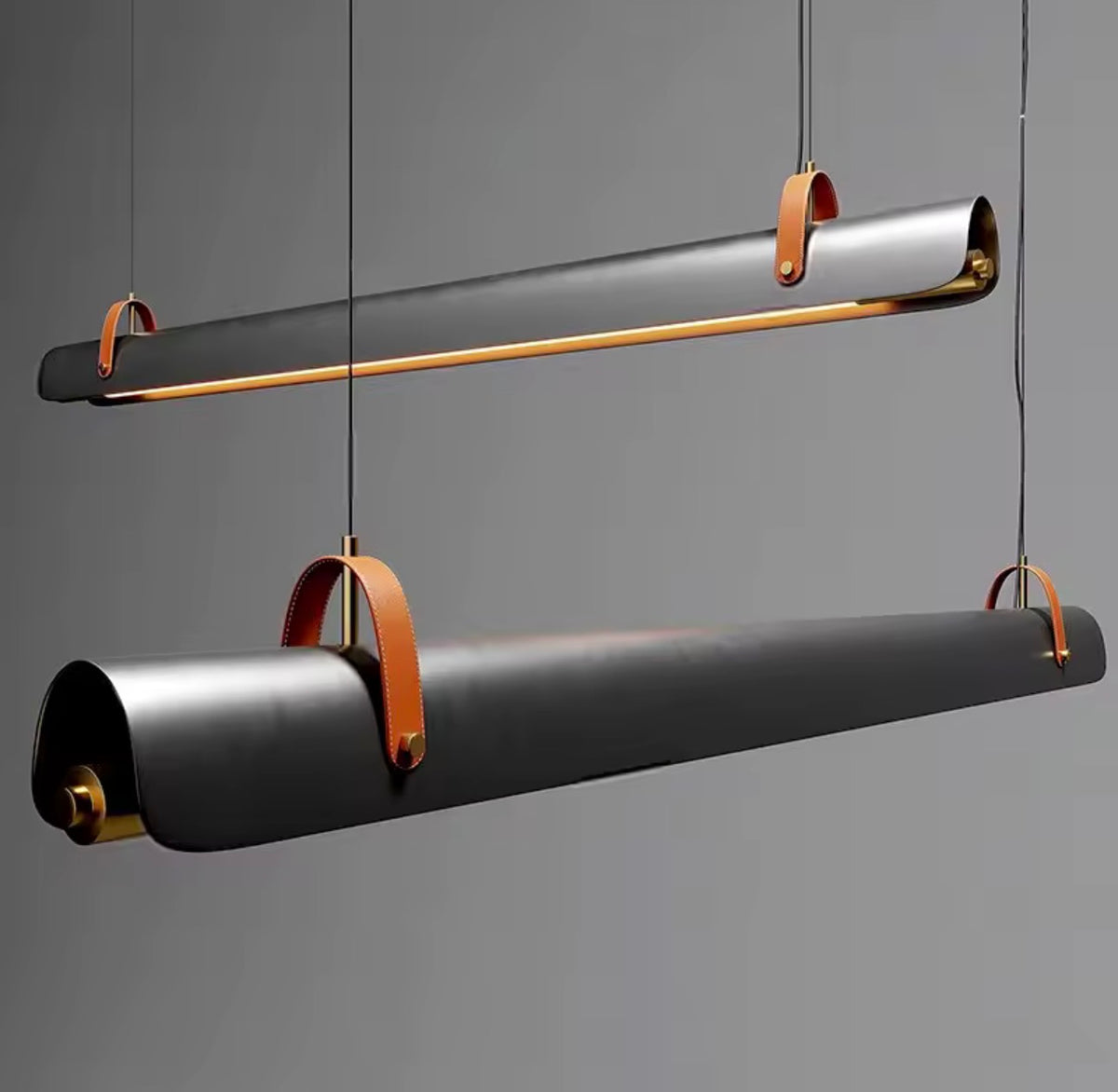 Lámpara Colgante Lineal LED — Tubo Metálico con Correas de Cuero