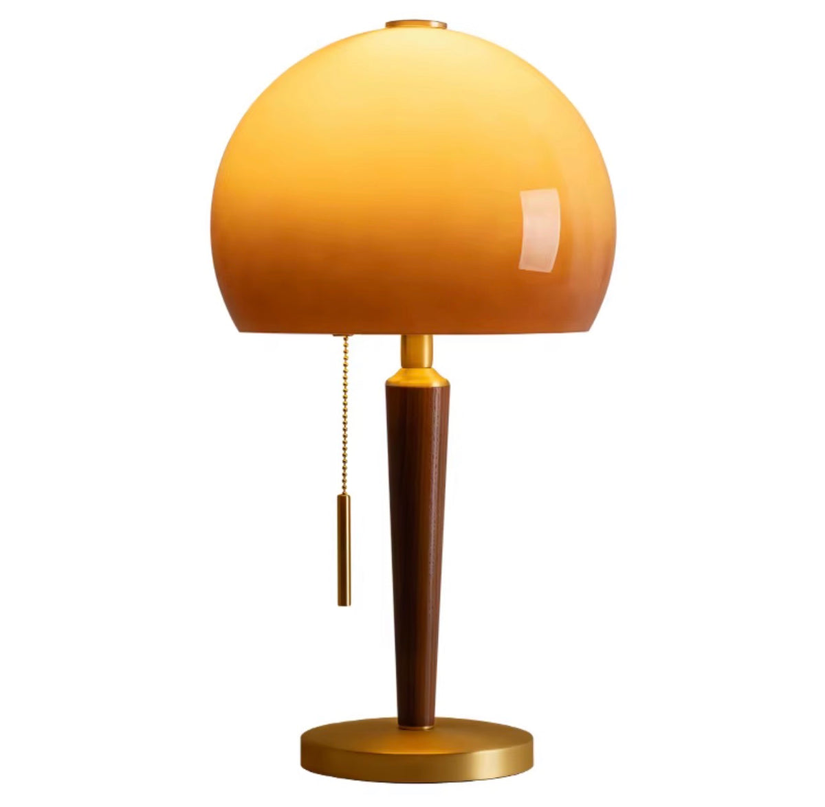 Lámpara de Mesa Domo de Vidrio Ámbar — Madera de Fresno y Latón