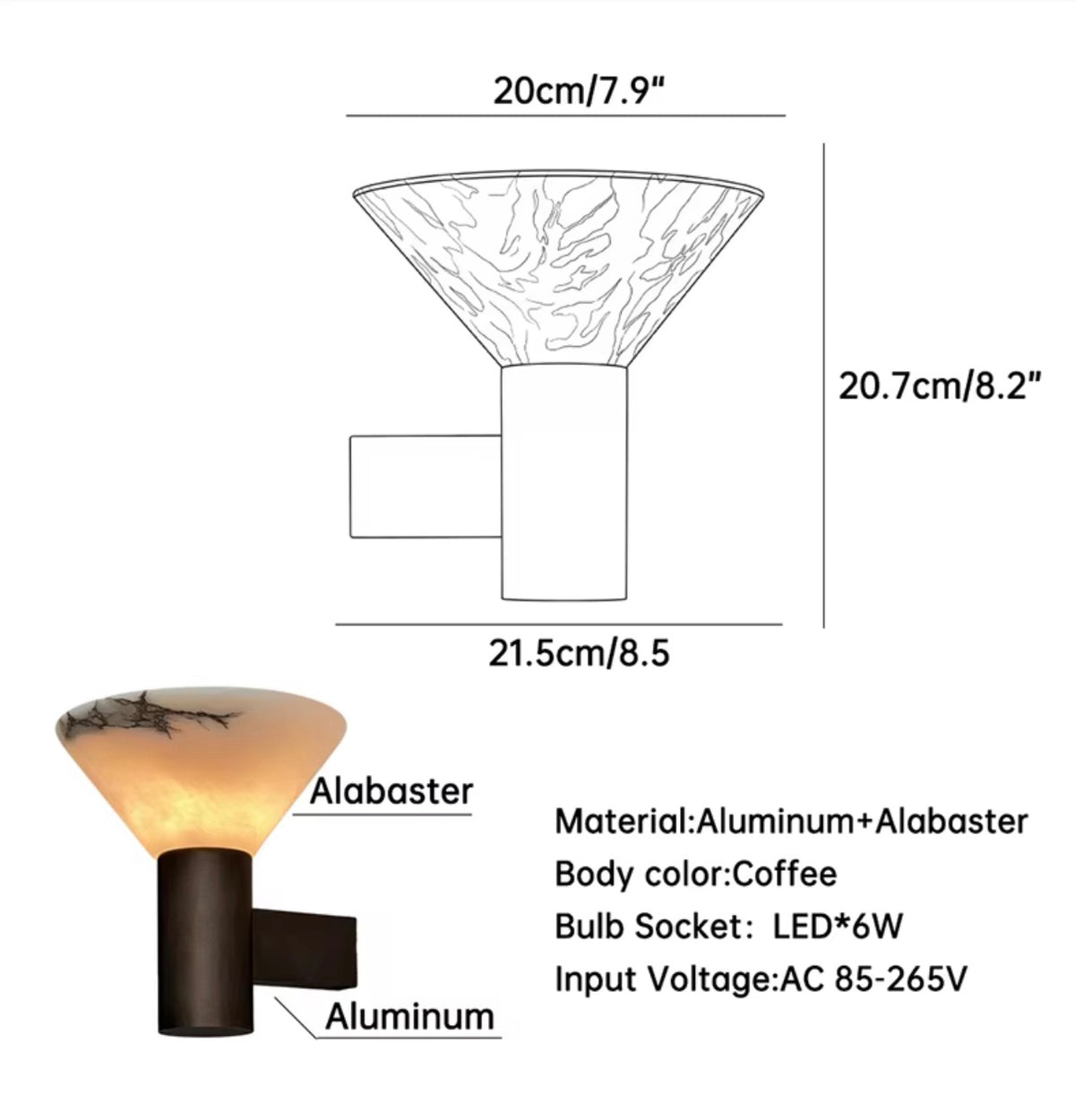 Aplique de Pared de Alabastro — Pantalla Cónica y Cuerpo Café