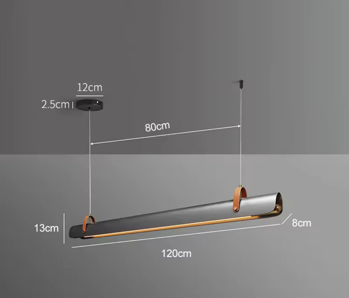 Lámpara Colgante Lineal LED — Tubo Metálico con Correas de Cuero