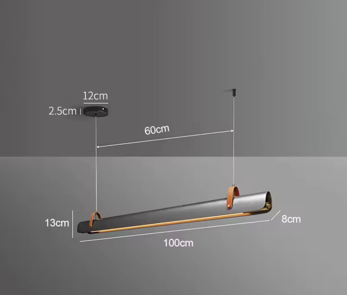 Lámpara Colgante Lineal LED — Tubo Metálico con Correas de Cuero