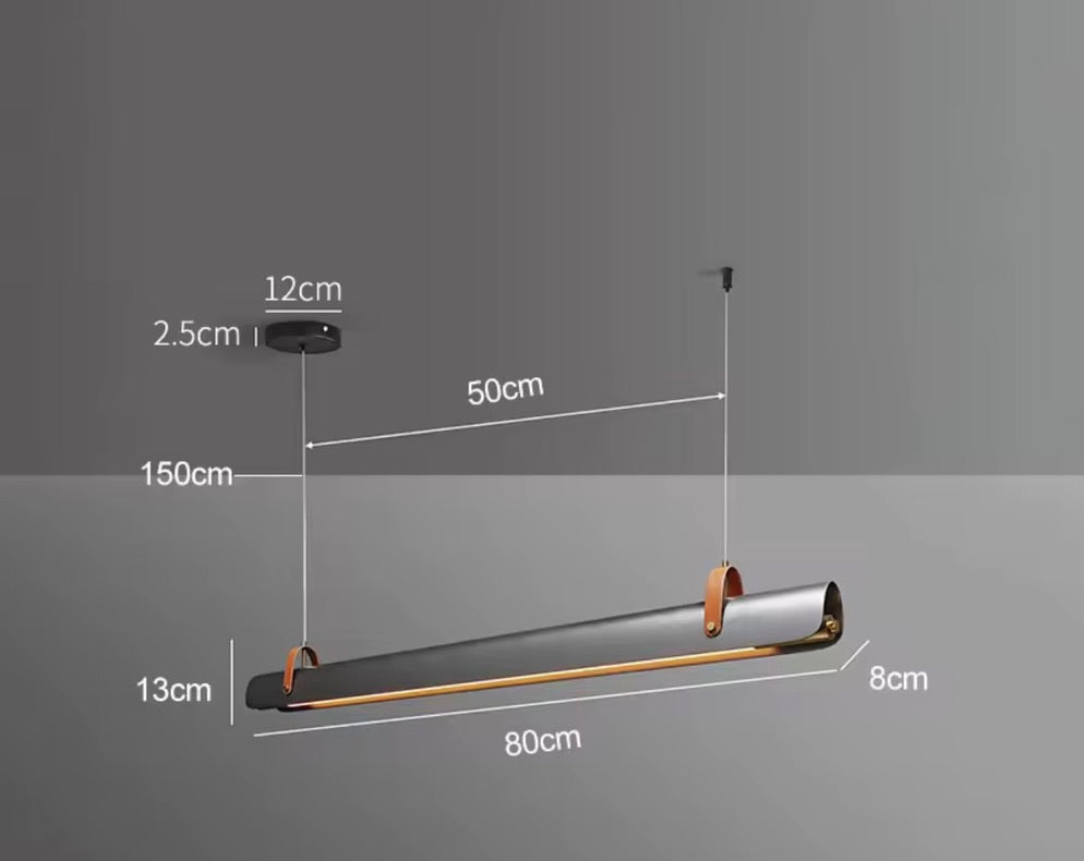 Lámpara Colgante Lineal LED — Tubo Metálico con Correas de Cuero