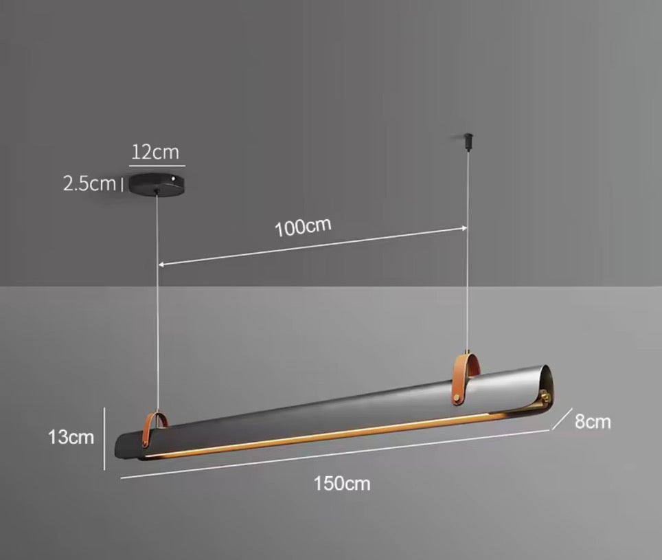 Lámpara Colgante Lineal LED — Tubo Metálico con Correas de Cuero