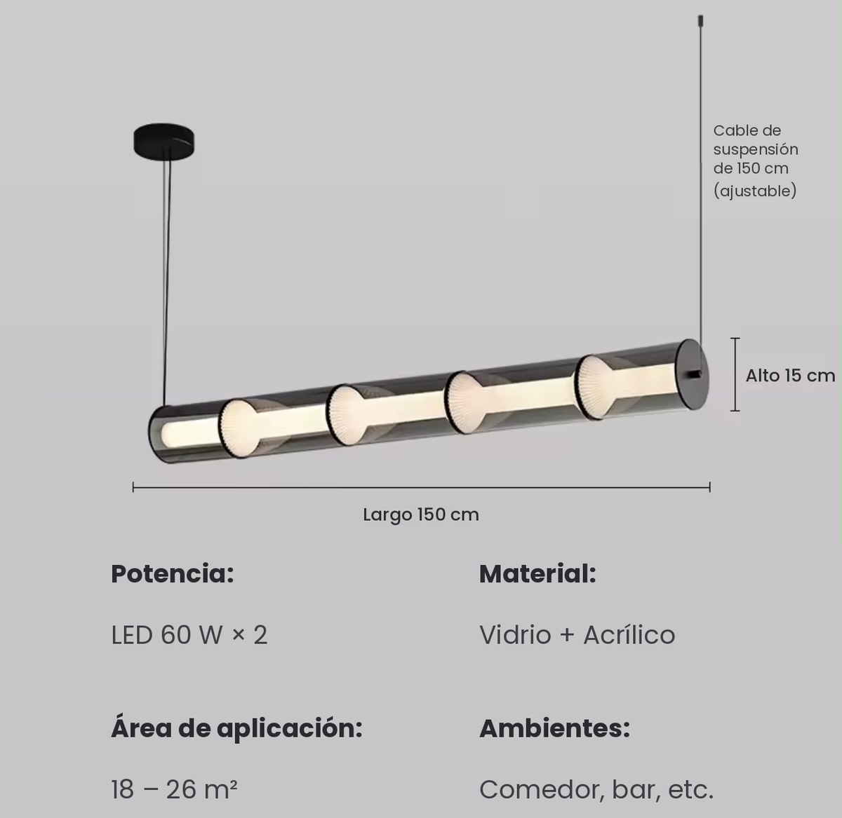 Lámpara Colgante Lineal LED — Tubo de Vidrio con Difusores Plisados