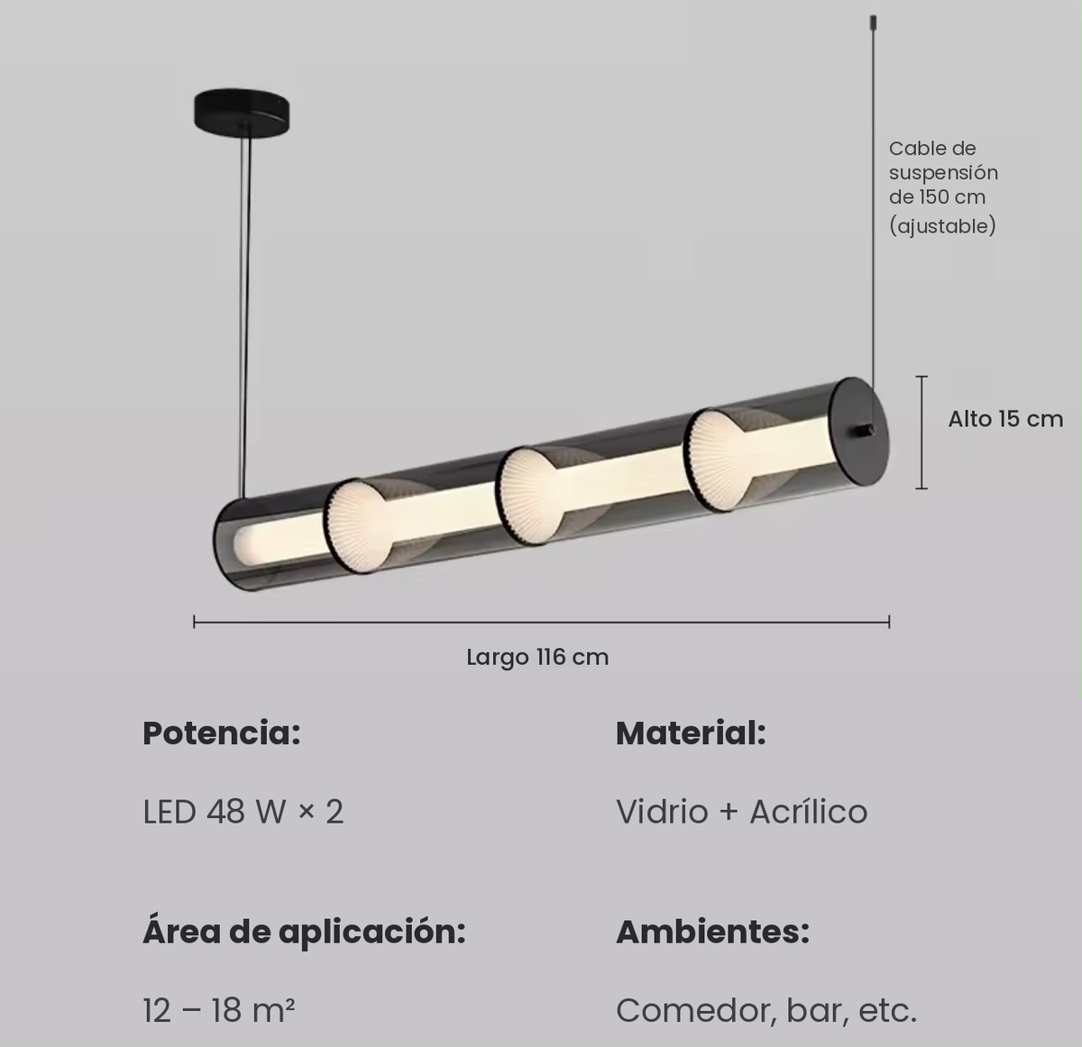Lámpara Colgante Lineal LED — Tubo de Vidrio con Difusores Plisados