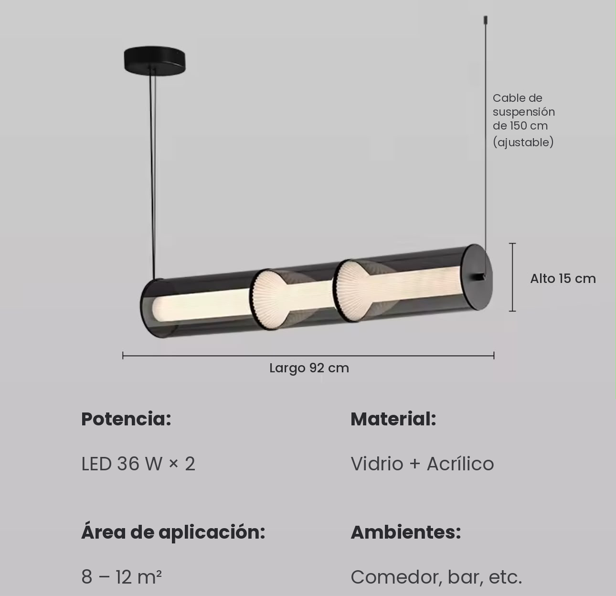 Lámpara Colgante Lineal LED — Tubo de Vidrio con Difusores Plisados
