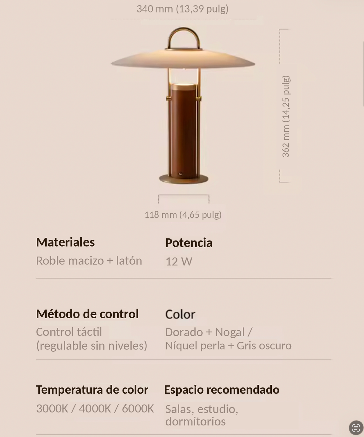 Lámpara de Mesa de Madera y Latón — Pantalla tipo Disco